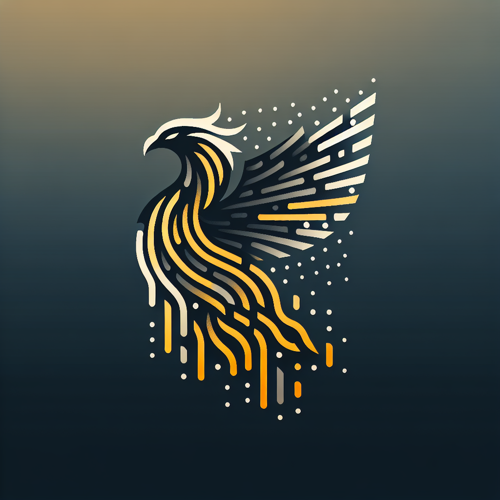 A black and gold phoenix rising out a stream of data 